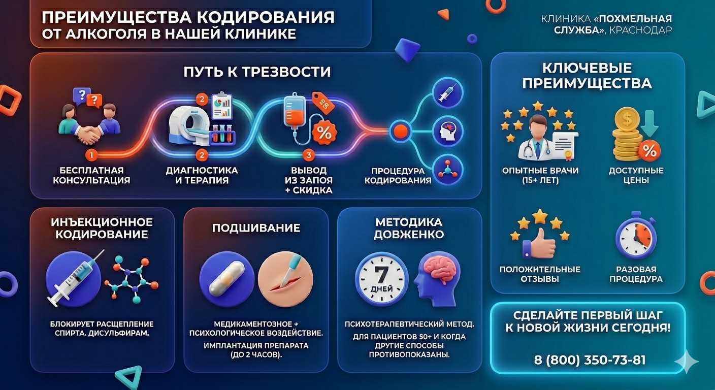 Инфографика о методах кодирования от алкоголя в Чегеме: инъекции, подшивание, метод Довженко. Преимущества клиники и этапы лечения.